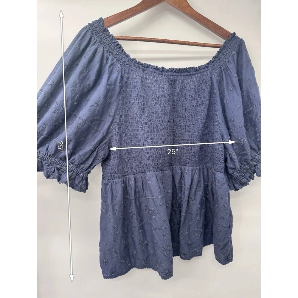 Old‎ Navy 2X Blue Floral Embroidered eyelet Smocked Blouse cottage puff sleeve